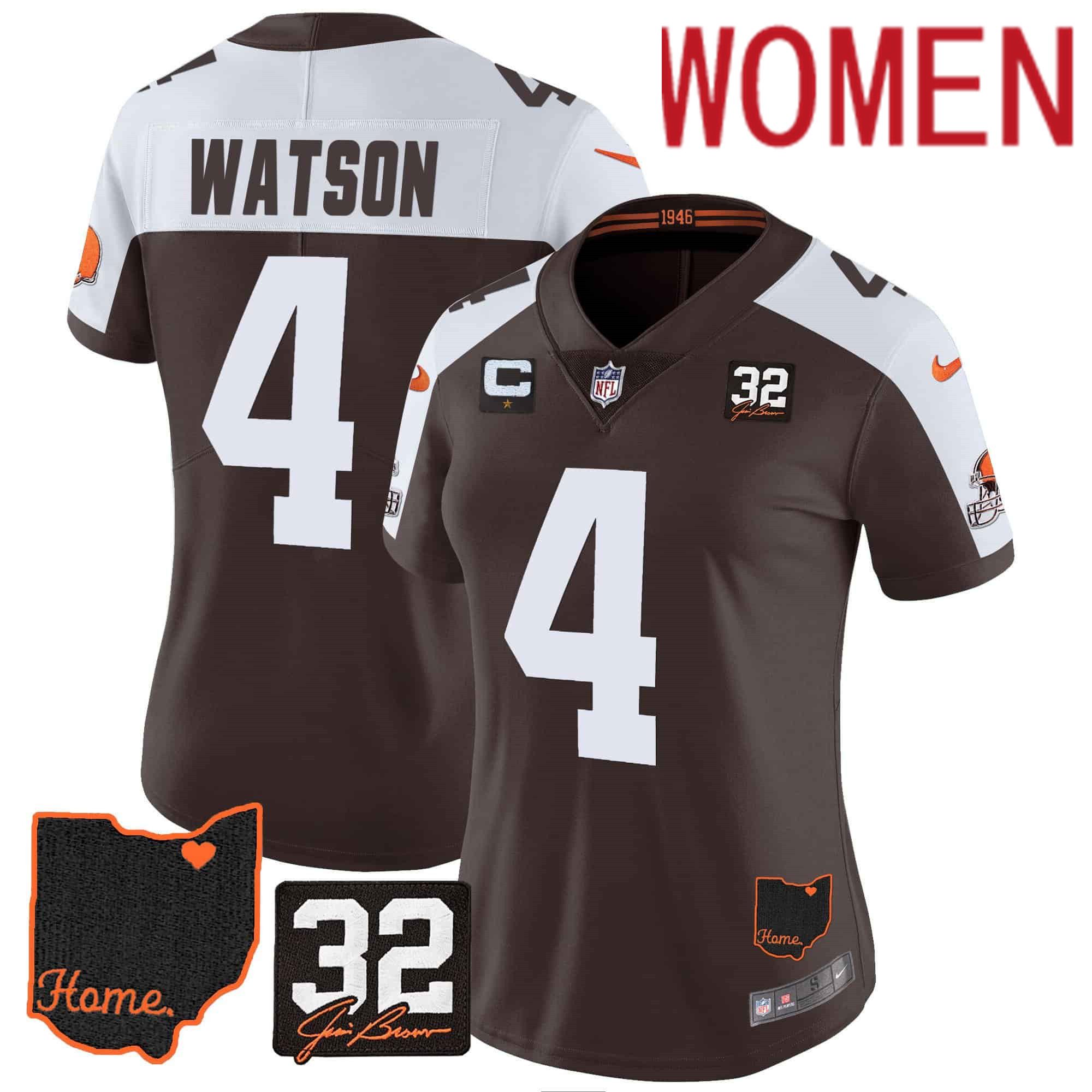 Women Cleveland Browns 4 Watson Brown Memorial Home Patch 2024 Nike NFL Jersey